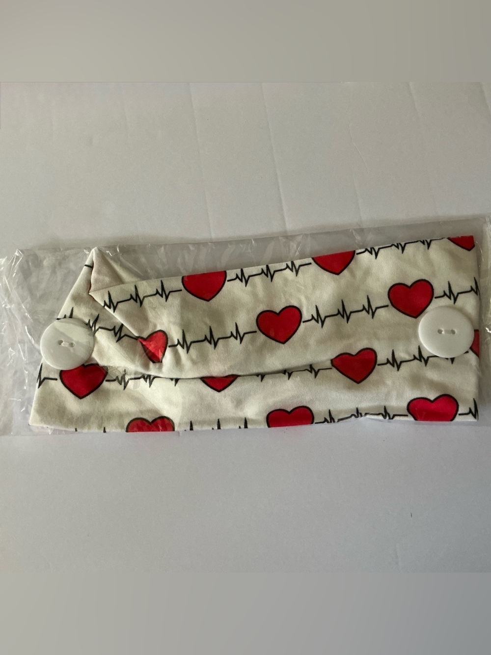 Heart Print Button Ear Saver Headband - Red Hearts on White